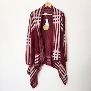 New Emory Park Plaid‎ Oversized Cardigan Small Burgundy Red Asymmetric Open Effy